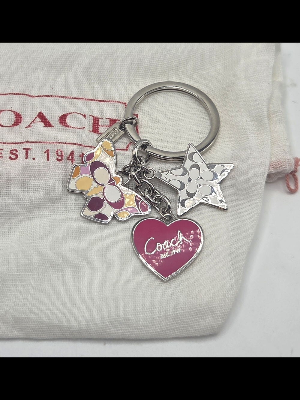 COACH Pink Heart, Butterfly  & Star Logo Charm Keychain